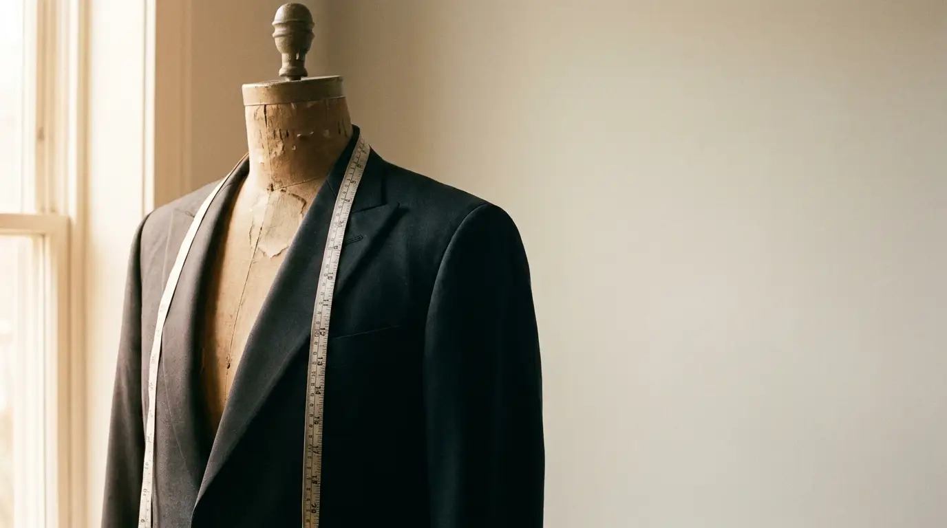Tailor's mannequin with dark suit and measuring tape in softly lit room