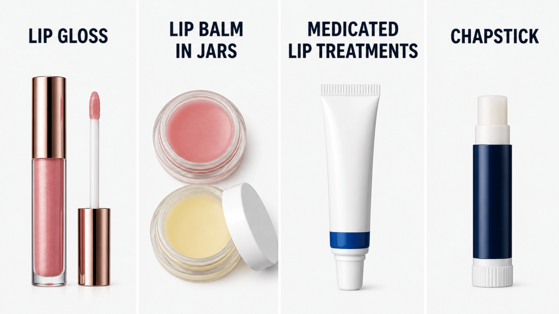 Infographic showing lip gloss, lip balm in jars, medicated lip treatments, and ChapStick, comparing different lip products commonly subject to TSA liquid rules.