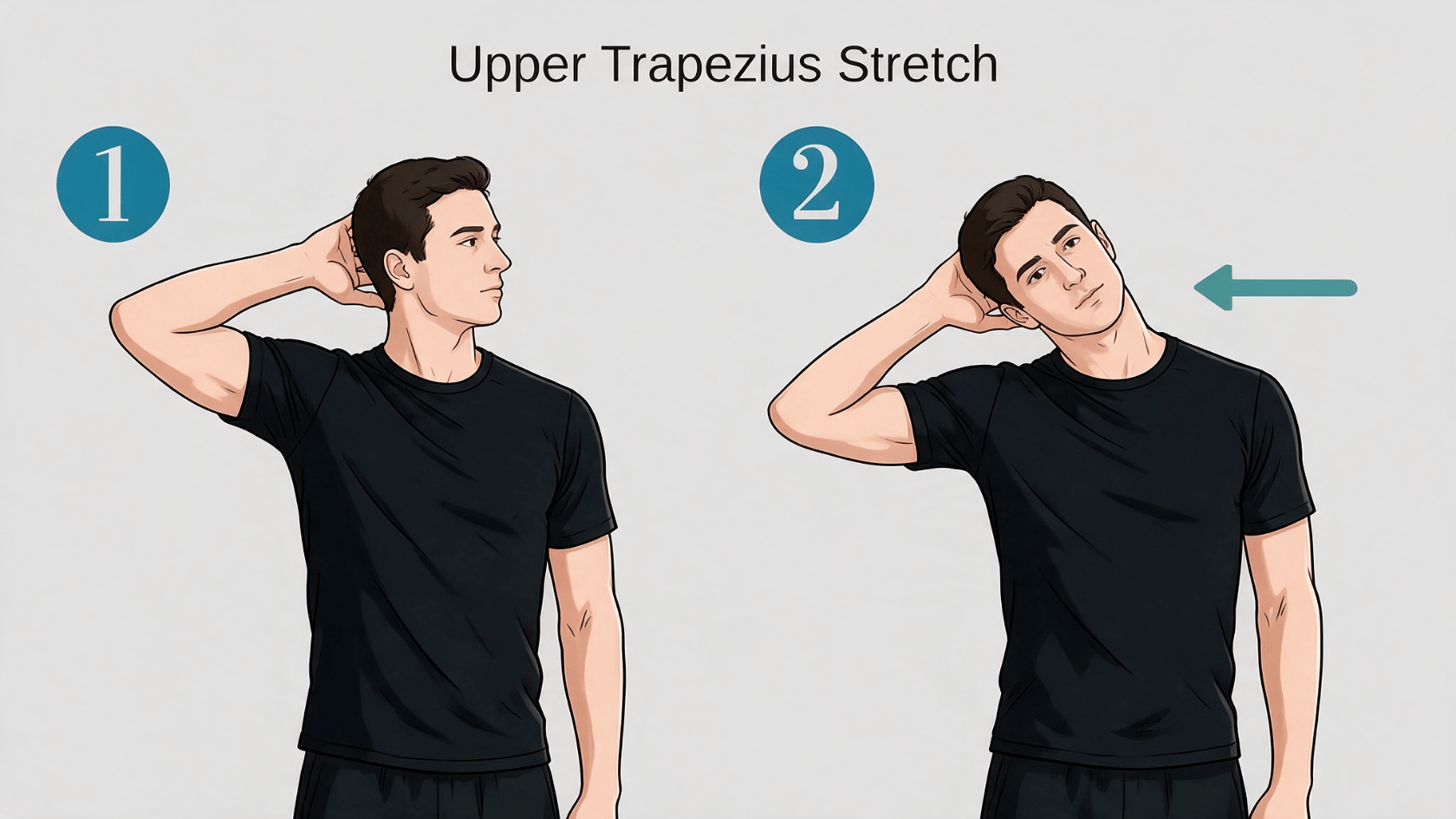 Man demonstrating a two-step upper trapezius stretch by gently tilting his head sideways.