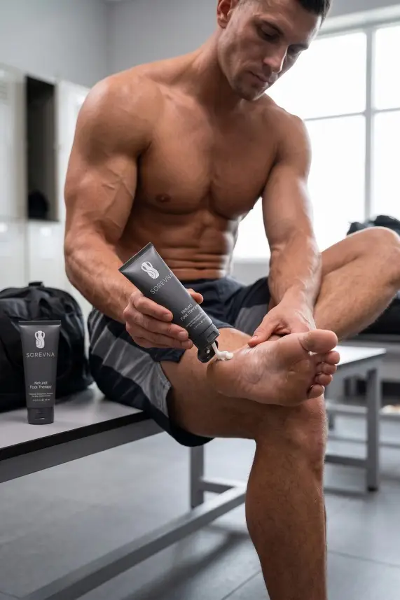 Man applying foot cream in locker room with gym bag nearby on bench