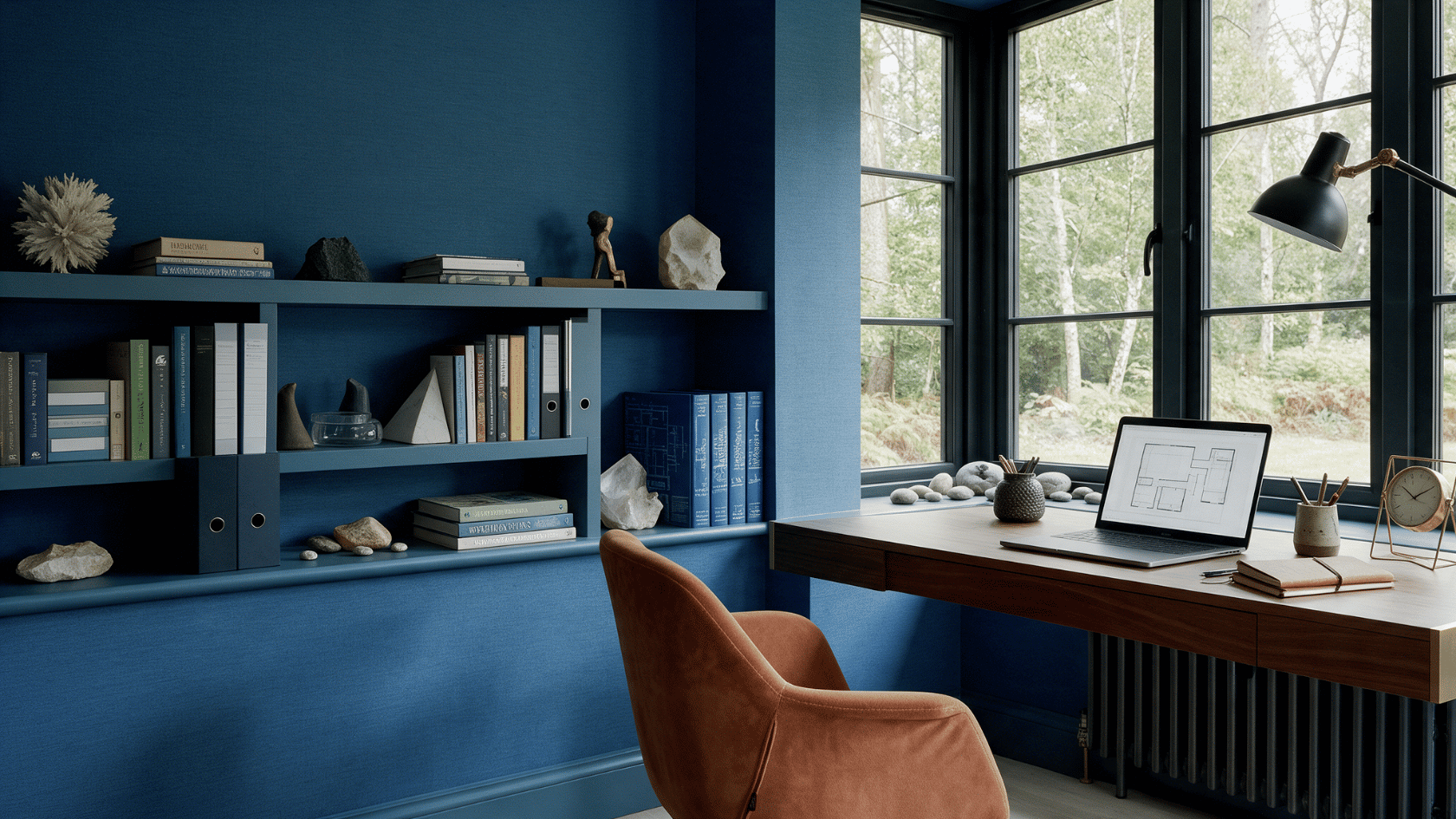 Home office with bookshelves used as supportive storage beside a clean workspace.