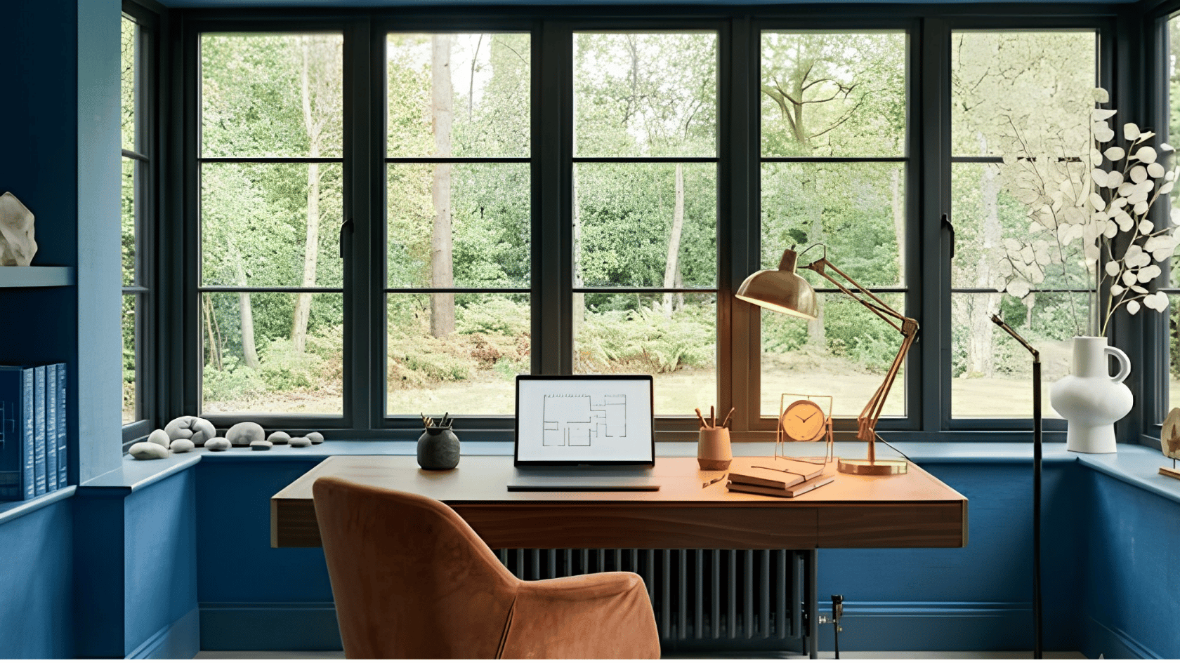 Home office using natural light and desk lamps to create positive energy and balance.