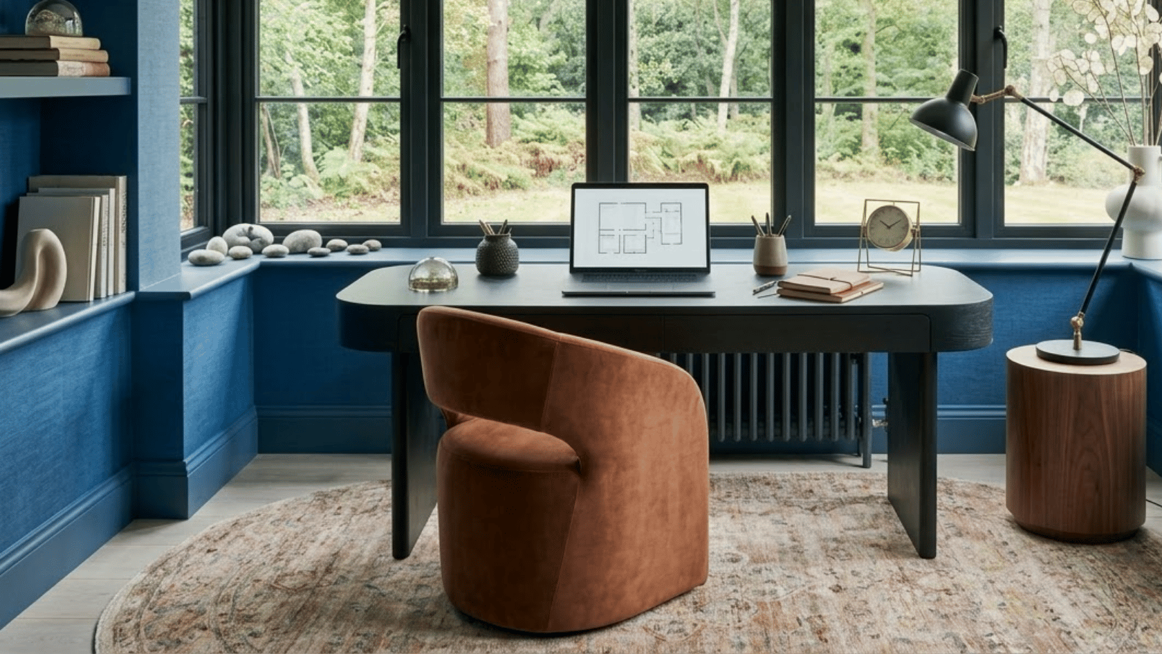 Office with rounded desk, curved chair, and soft circular décor elements for balanced design.