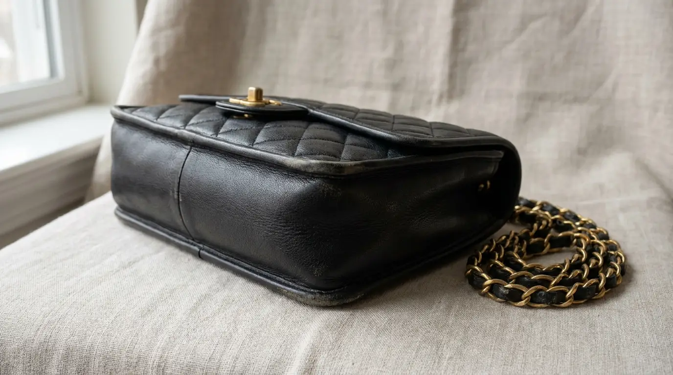 Quilted black leather handbag with gold chain strap on beige fabric background
