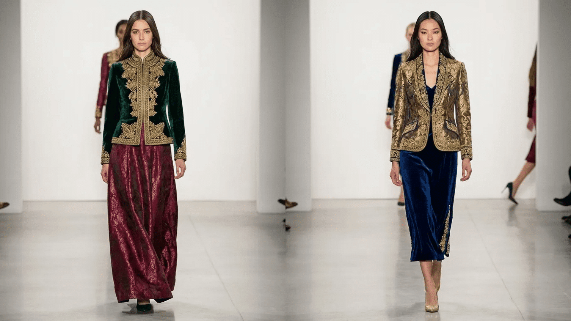 Velvet and brocade runway outfits with embroidery and gold embellishments worn by models walking on a catwalk