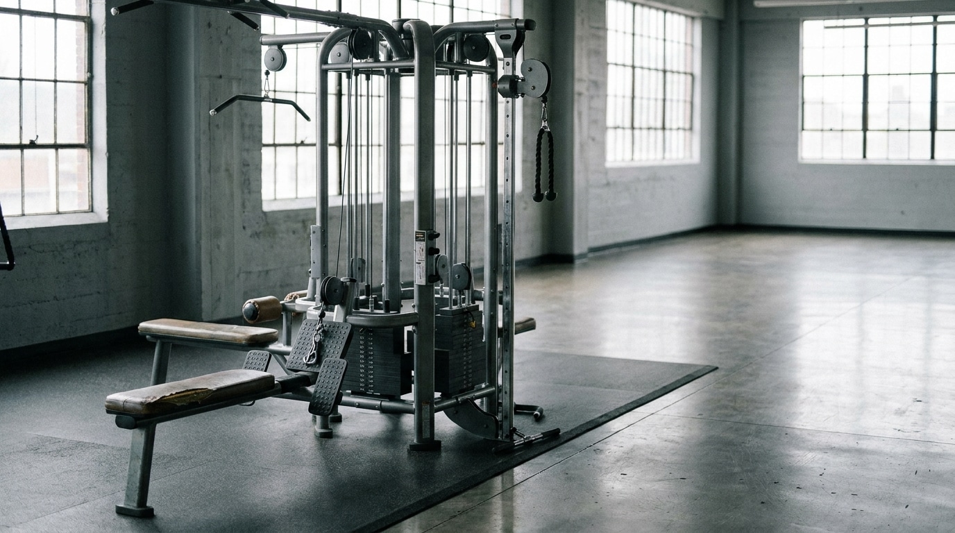 Weight machine in spacious, light-filled gym with industrial windows and concrete floor