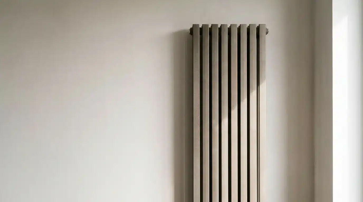 Vertical radiator against light beige wall in a softly lit room