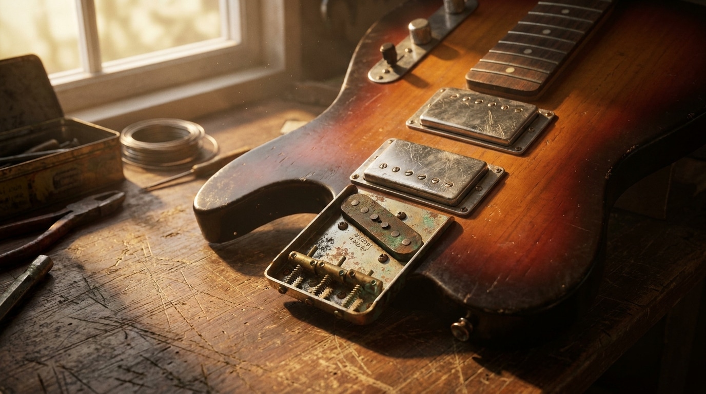 Dismantled electric guitar body on worn wooden workbench in warm natural light