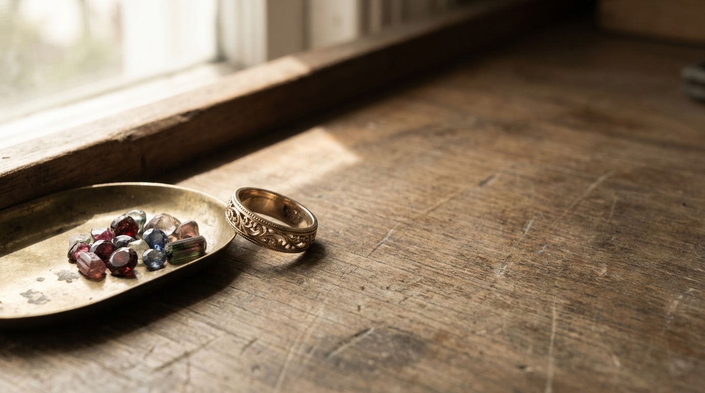 Intricate gold ring and colorful gemstones on rustic wooden table by window