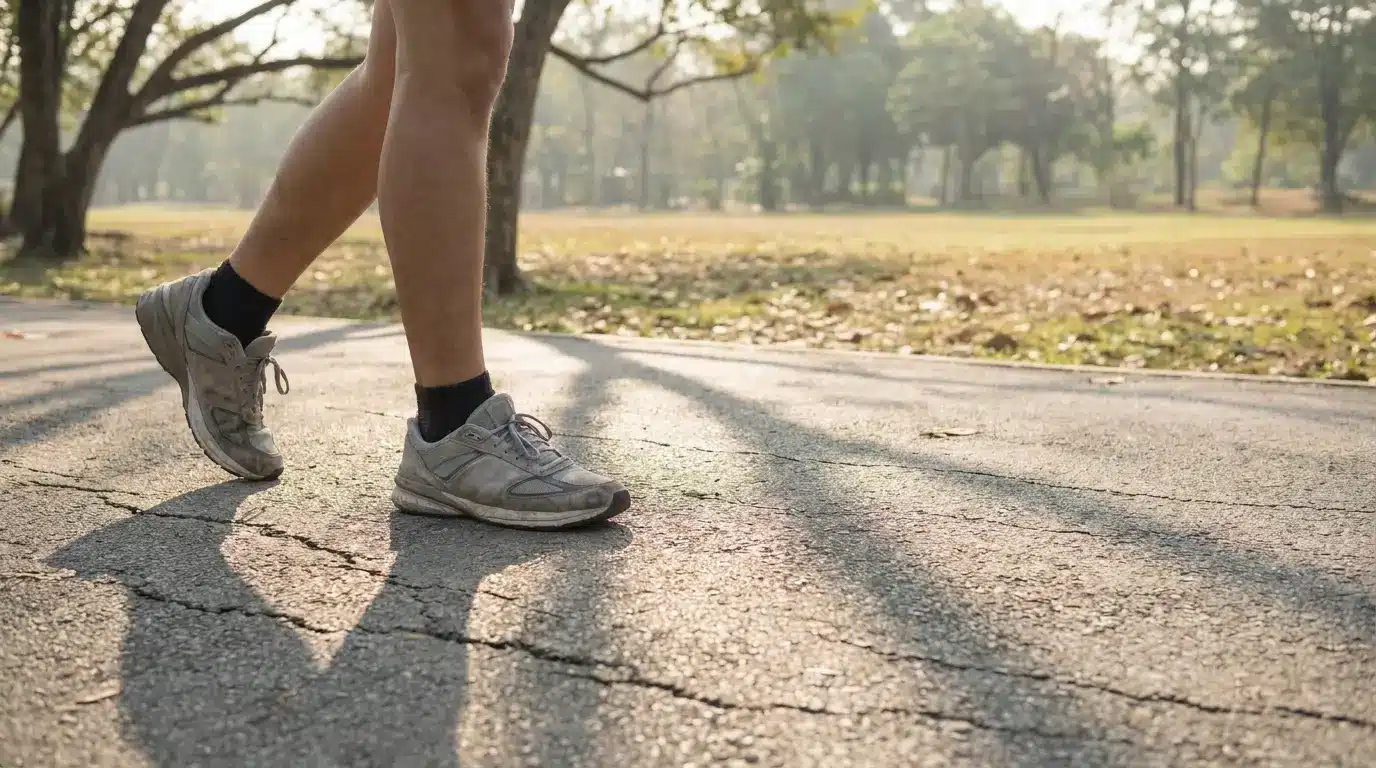 Legs in athletic shoes walking on a sunlit park path with trees in the background