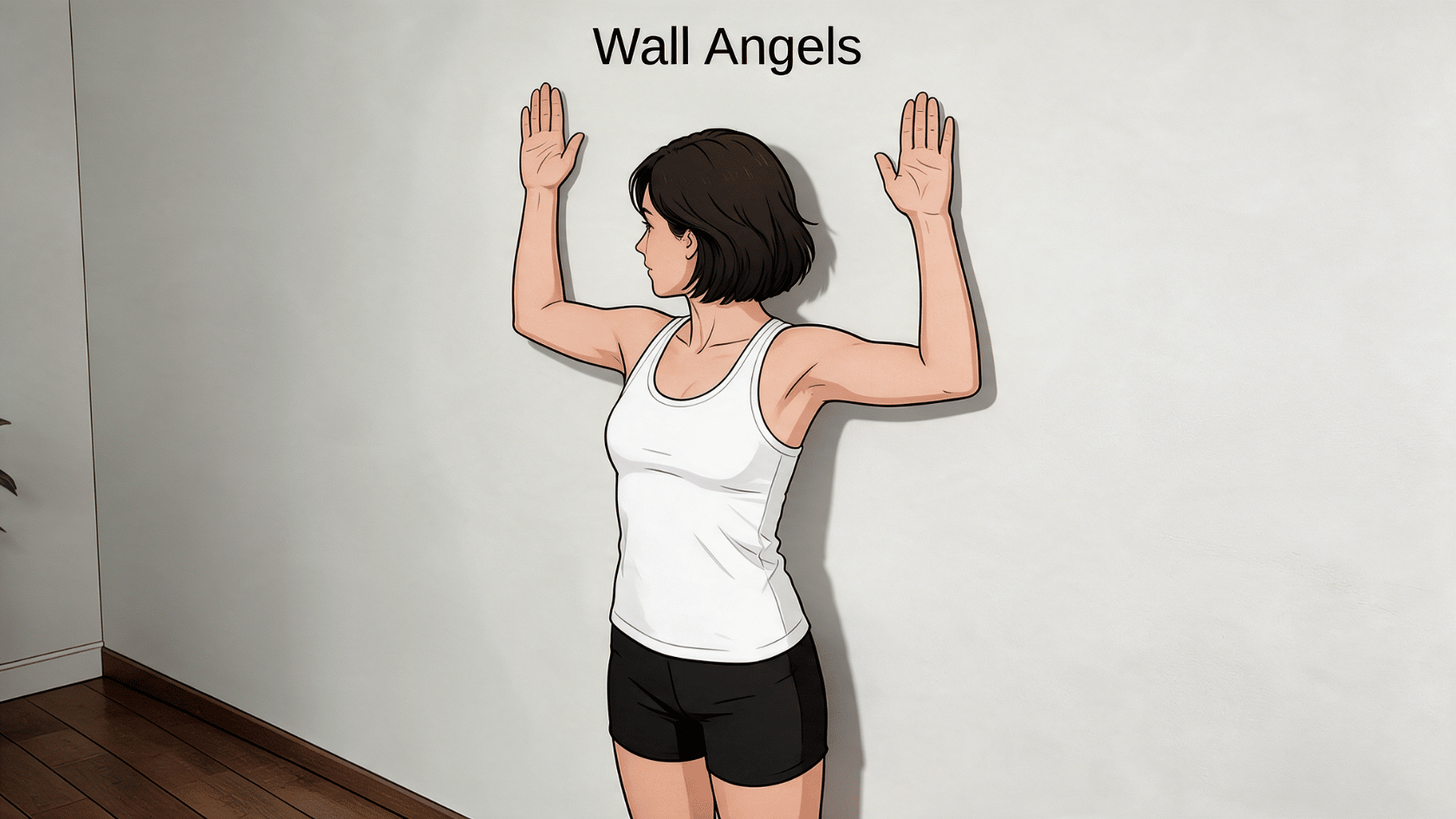 Woman performing wall angels with her back against a wall and arms raised at shoulder height.