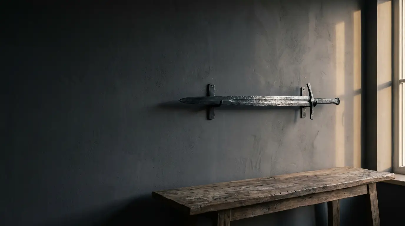 Rustic sword mounted on textured wall above wooden bench in dimly lit room
