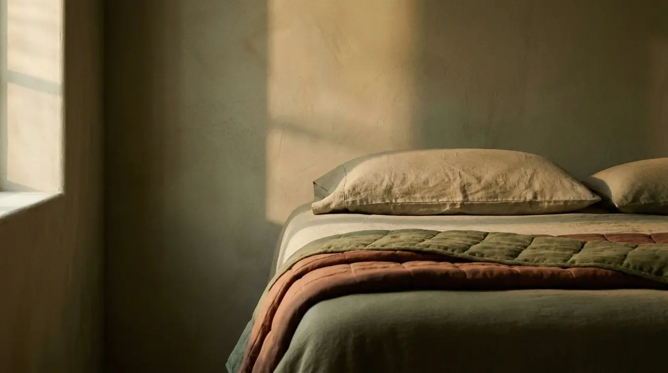 Bed with beige pillows and layered blankets in warm sunlight through window