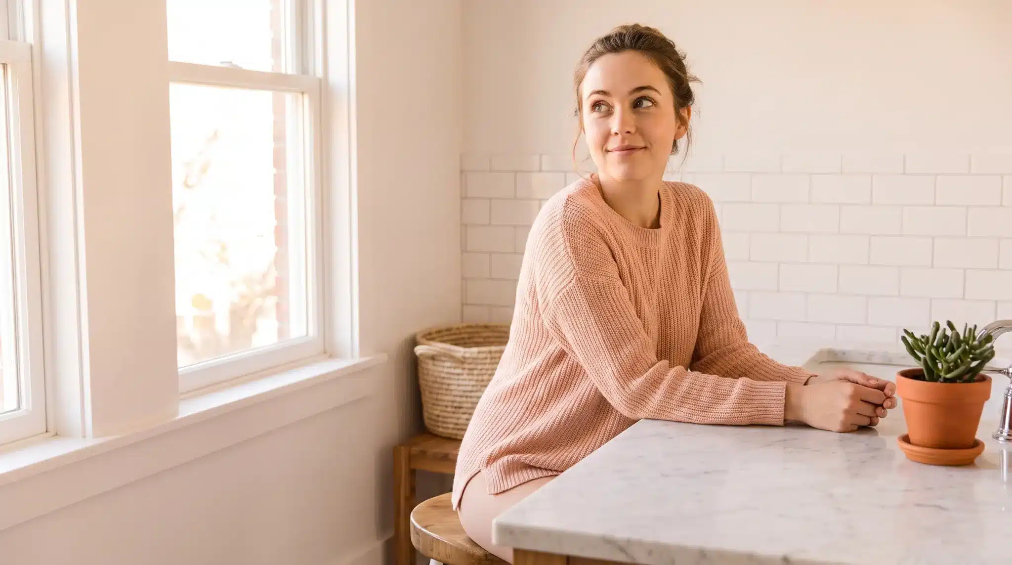 Woman in pink sweater sitting at marble counter beside potted plant in sunlit kitchen