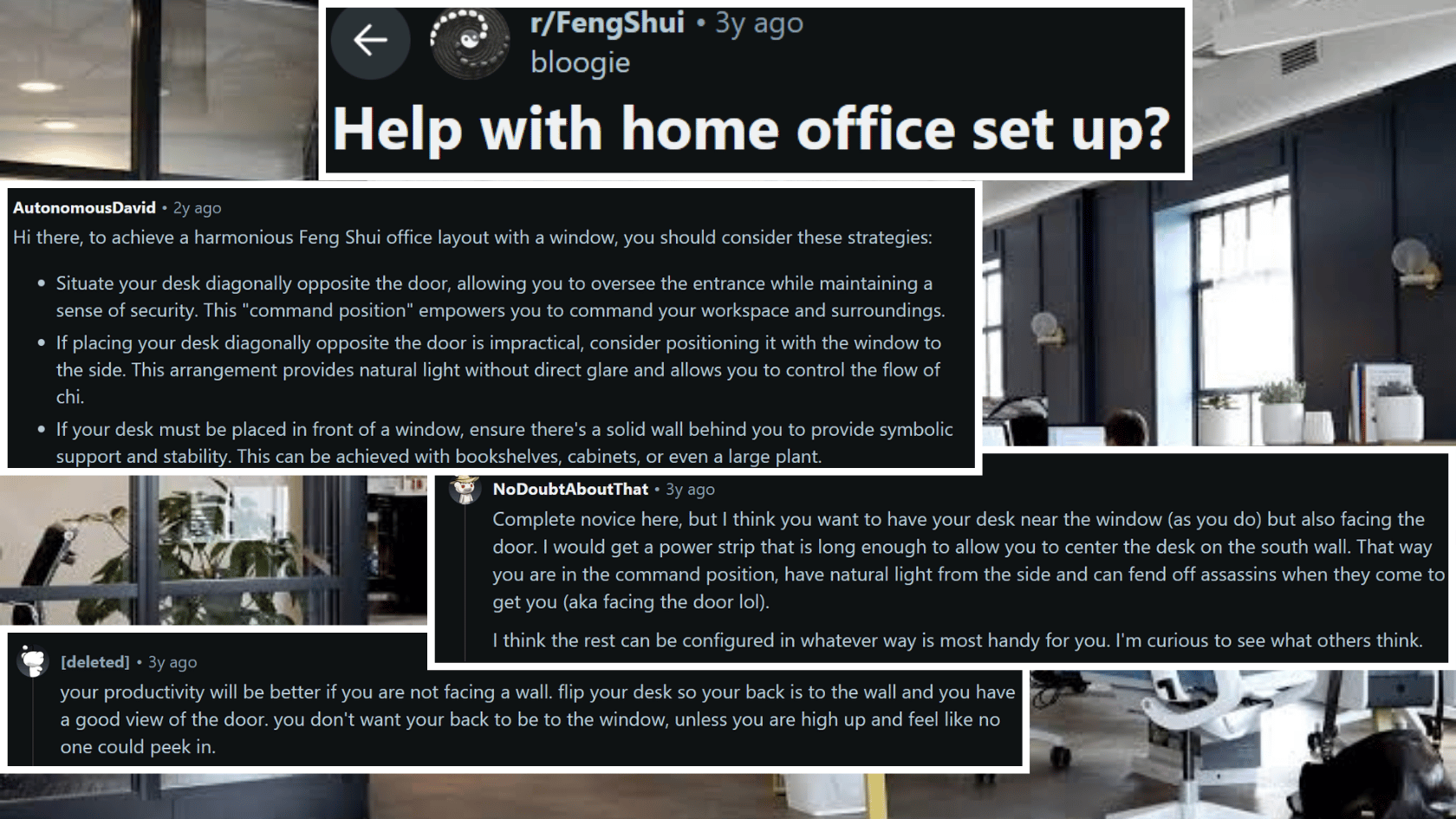 Feng Shui home office layout discussion showing desk placement tips and workspace setup ideas.