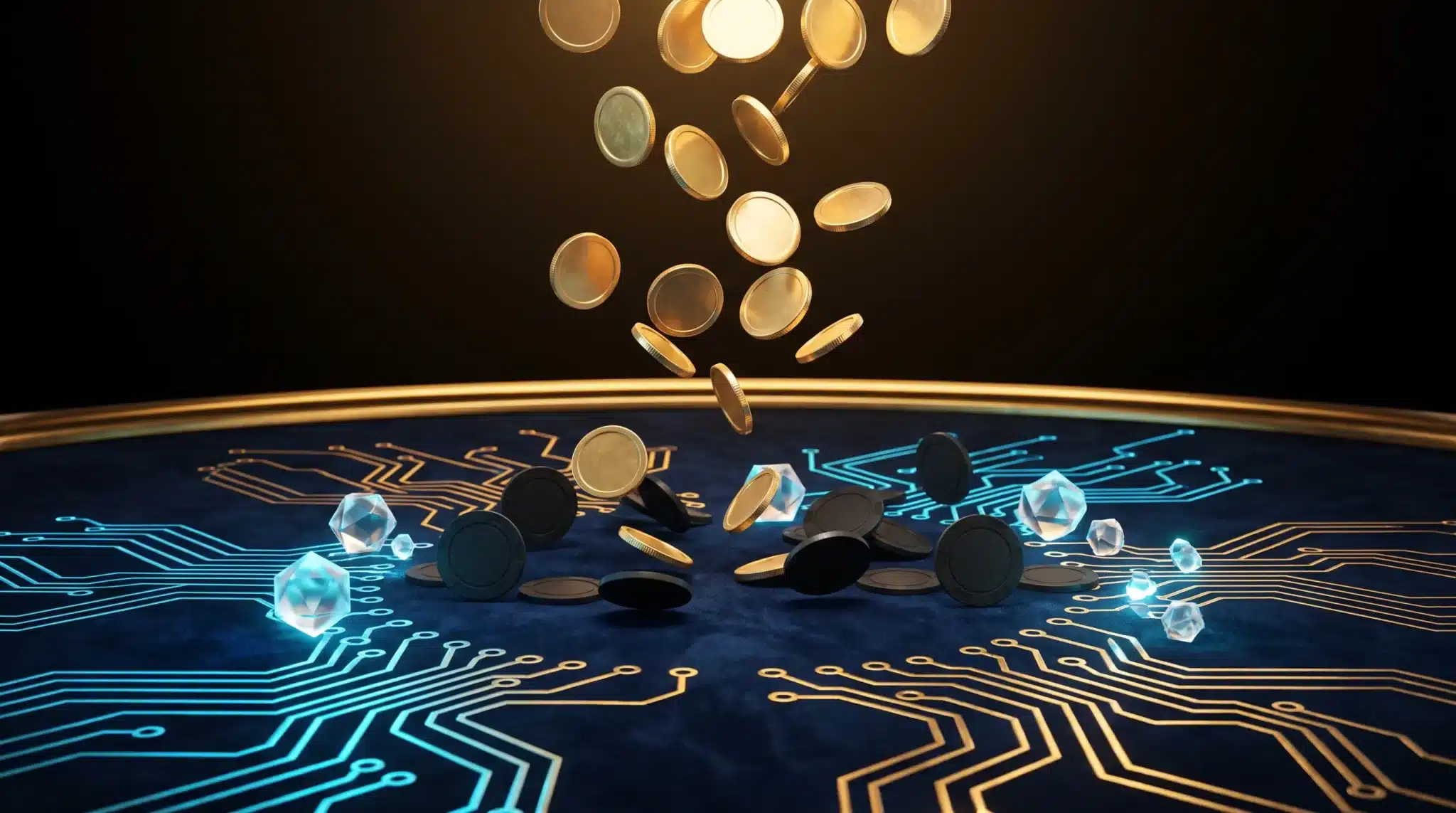 Gold coins and glowing tokens on a digital circuit board in low light setting
