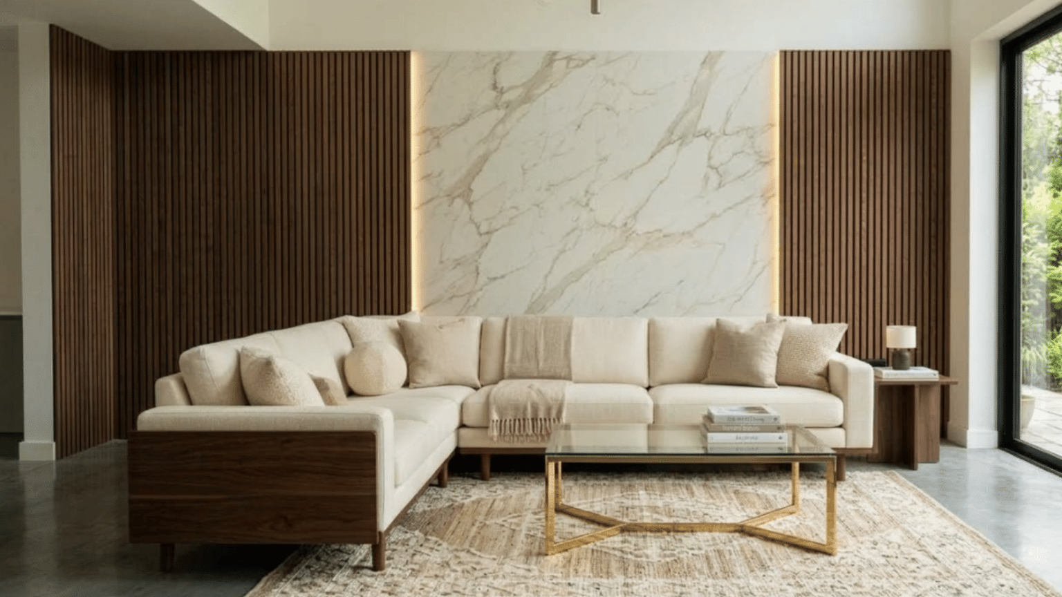 Modular sectional sofa in a modern living room with flexible seating arrangement and neutral decor