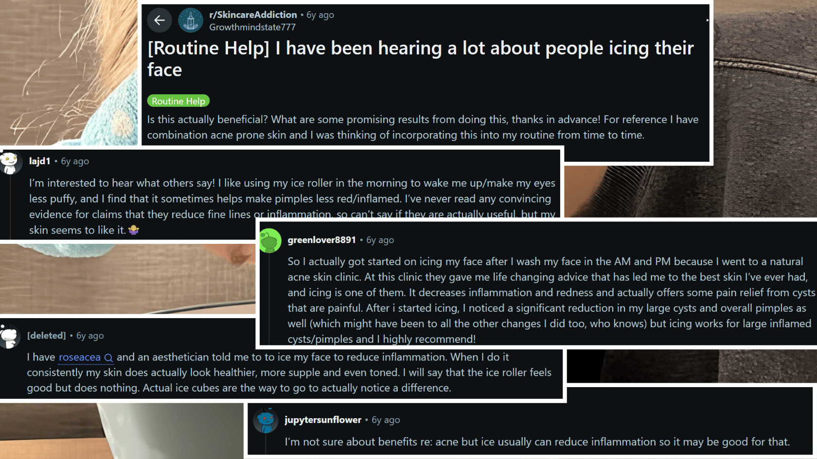 Reddit discussion sharing personal experiences and opinions about face icing for puffiness and acne.