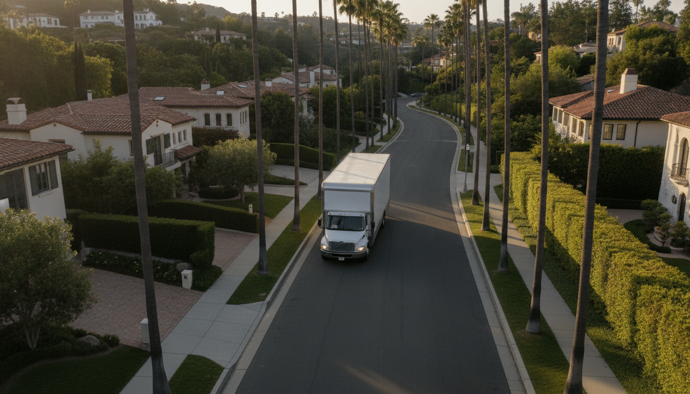 Moving truck driving down a suburban street lined with palm trees and houses