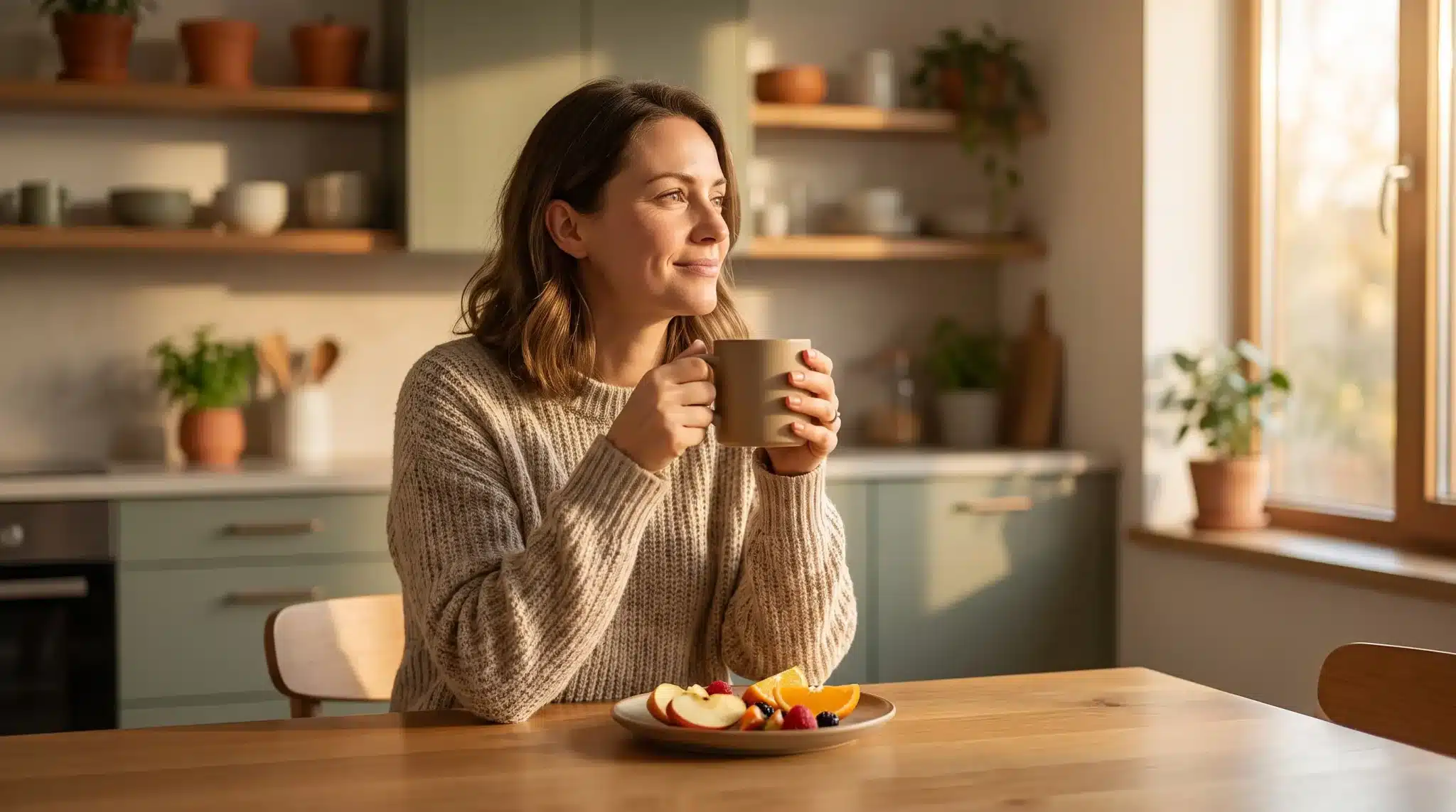 Woman holding mug at wooden table with fruit plate in sunny kitchen