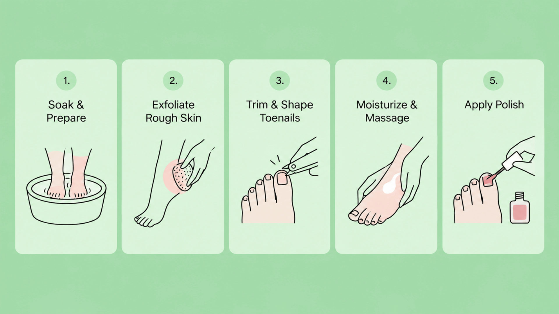 Whats a pedicure infographic showing soaking, exfoliating, trimming nails, moisturizing, massage, and polish steps