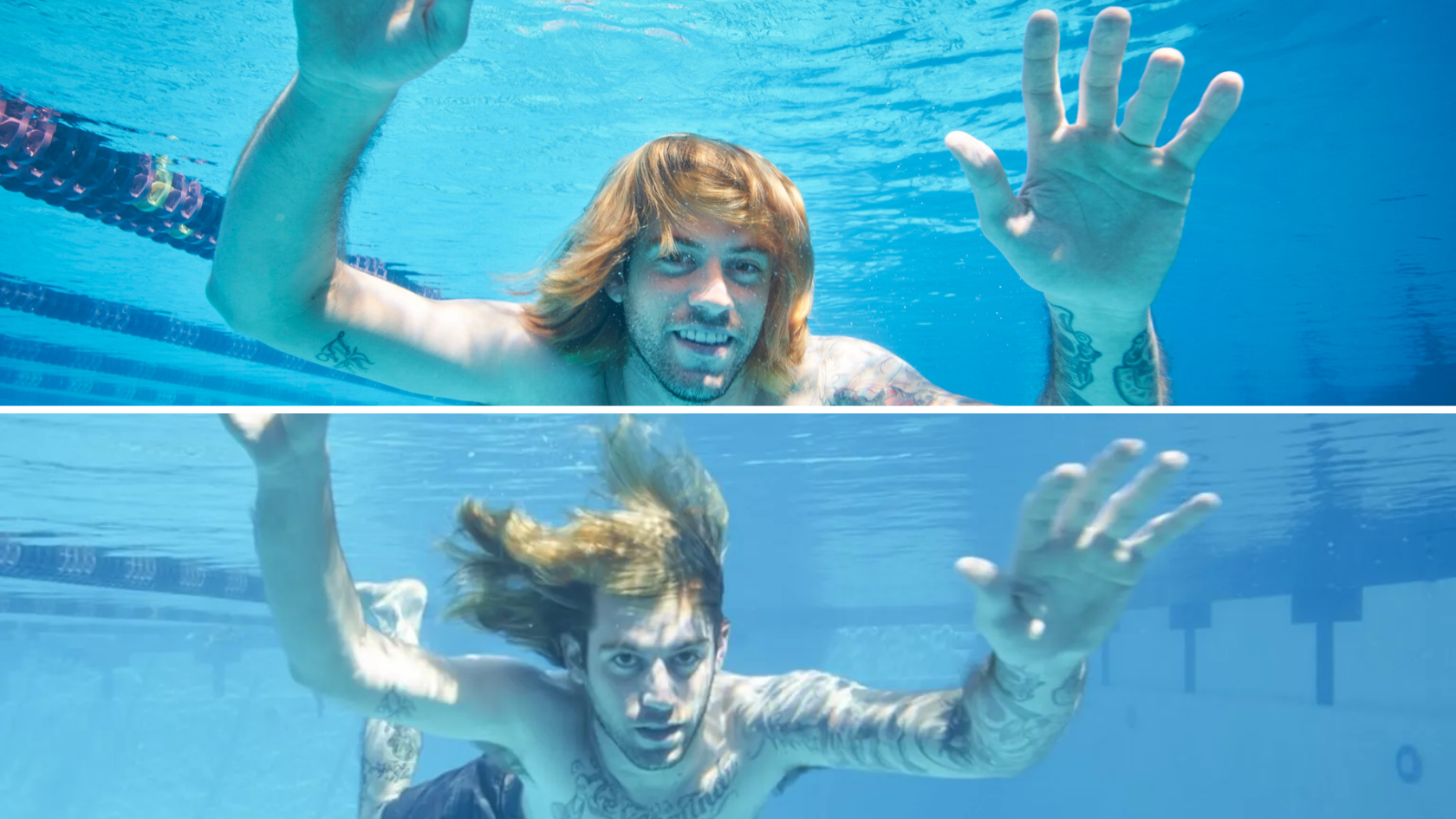 Spencer Elden underwater photos referencing the Nevermind album cover recreation.