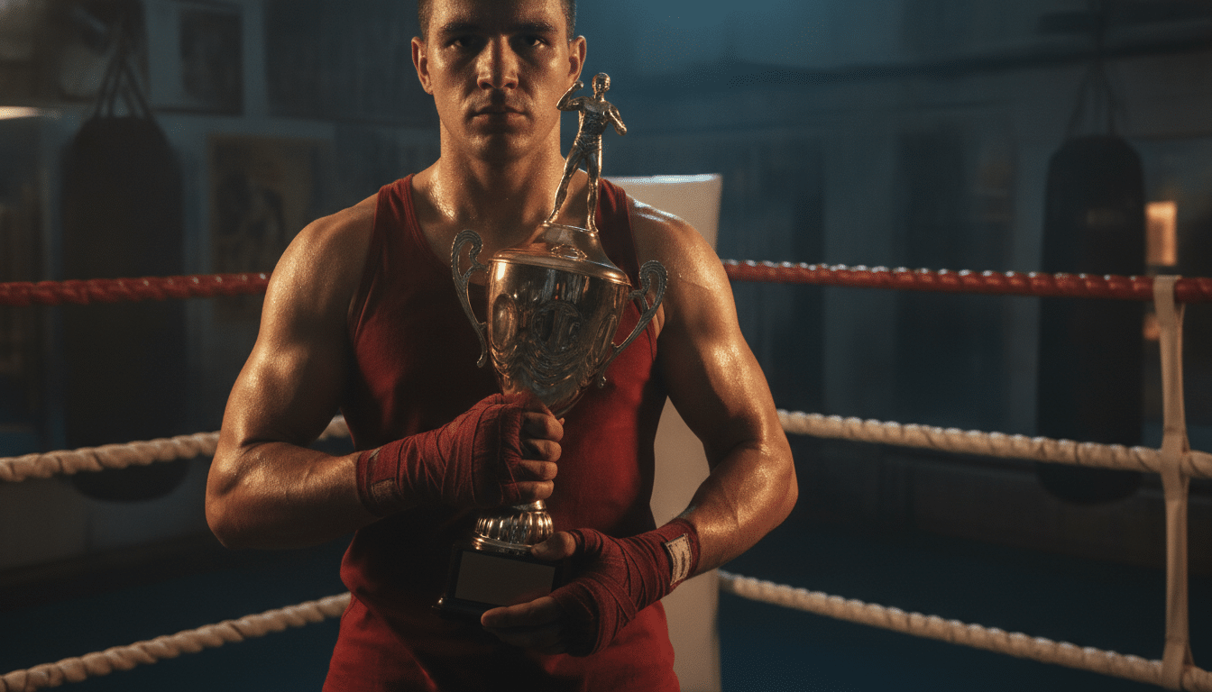 Boxer holding a trophy in a dimly lit boxing ring, wearing red tank top and hand wraps