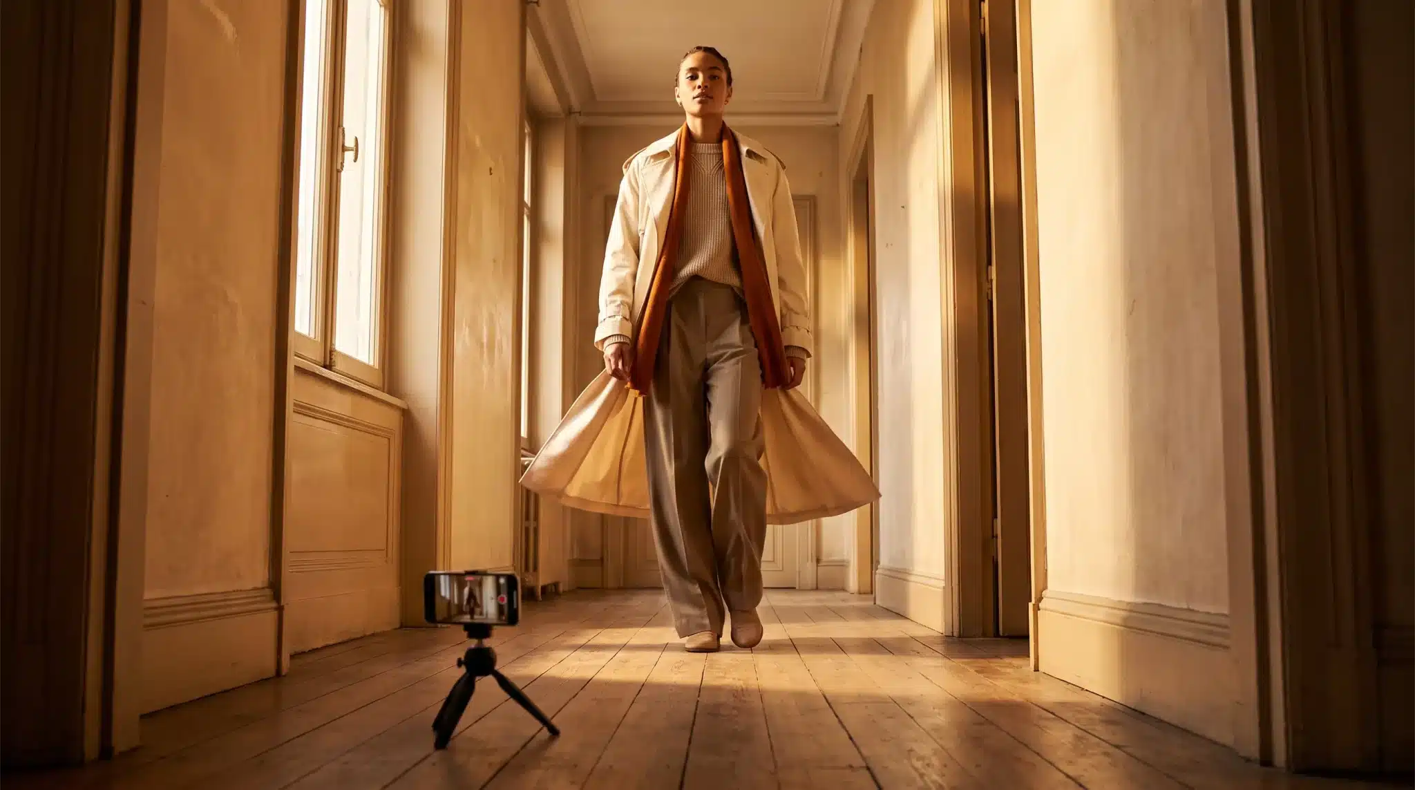 Person walking down a sunlit hallway wearing a coat, with a camera on a tripod in foreground