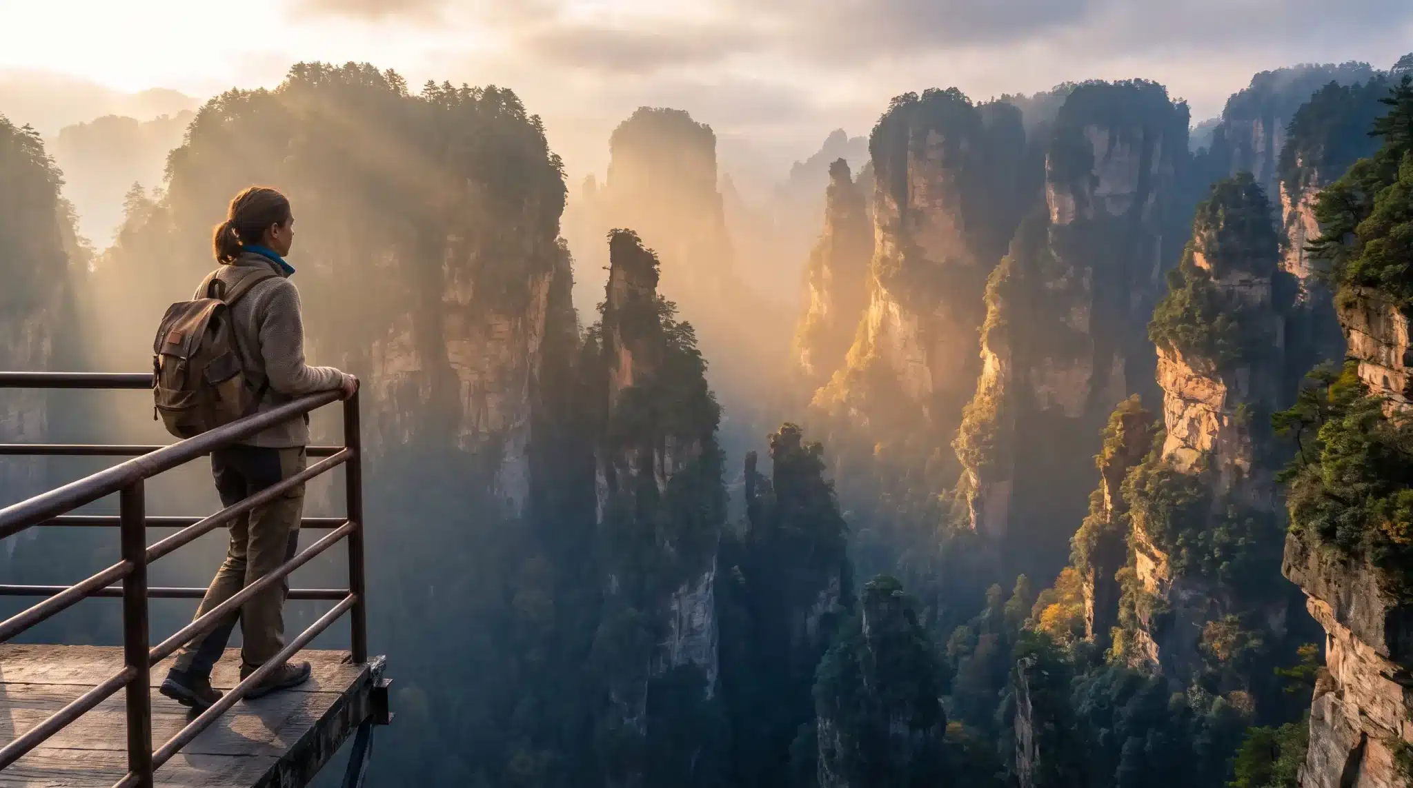 Person with backpack standing on platform overlooking misty mountain peaks in warm evening light