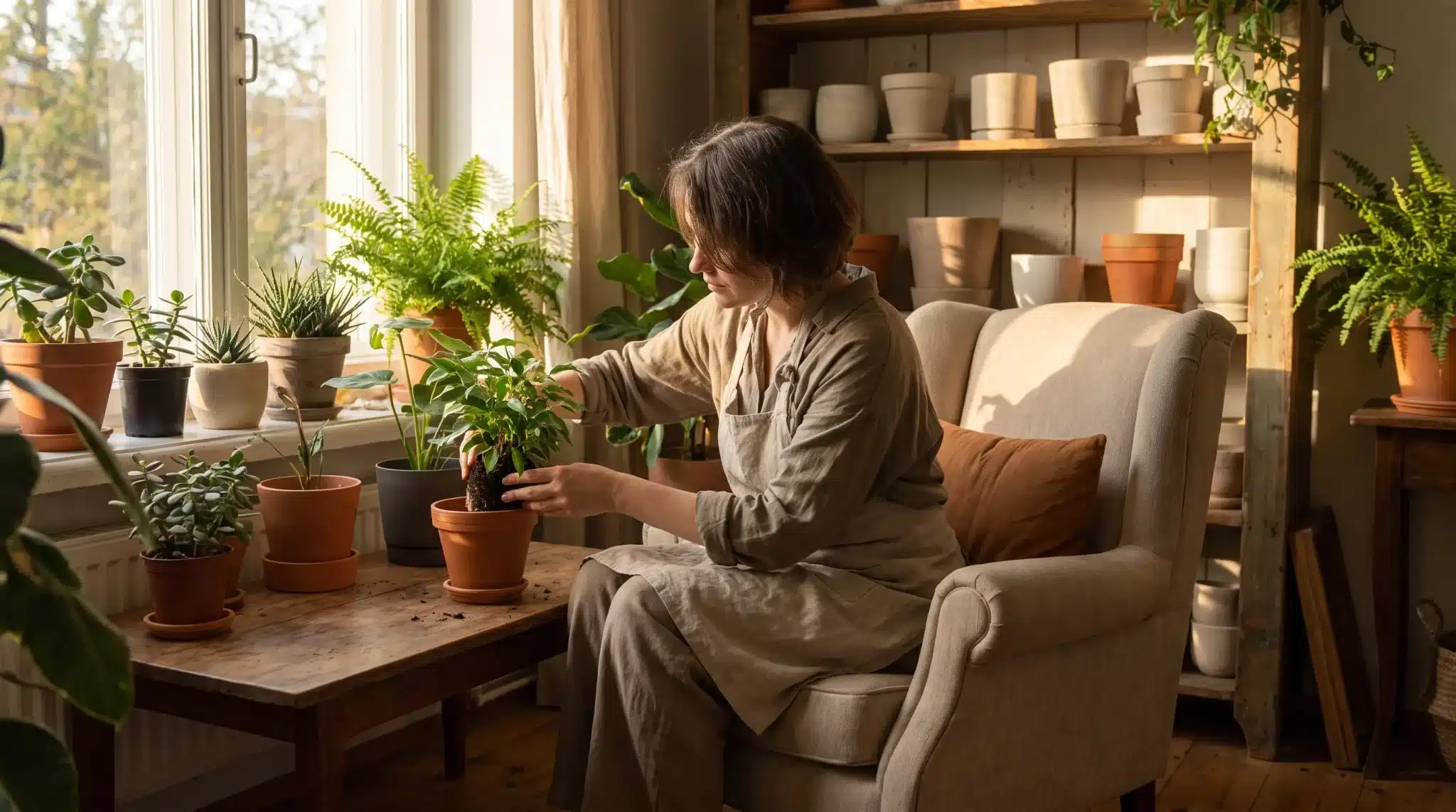 Person tending to potted plants by sunny window in cozy living room