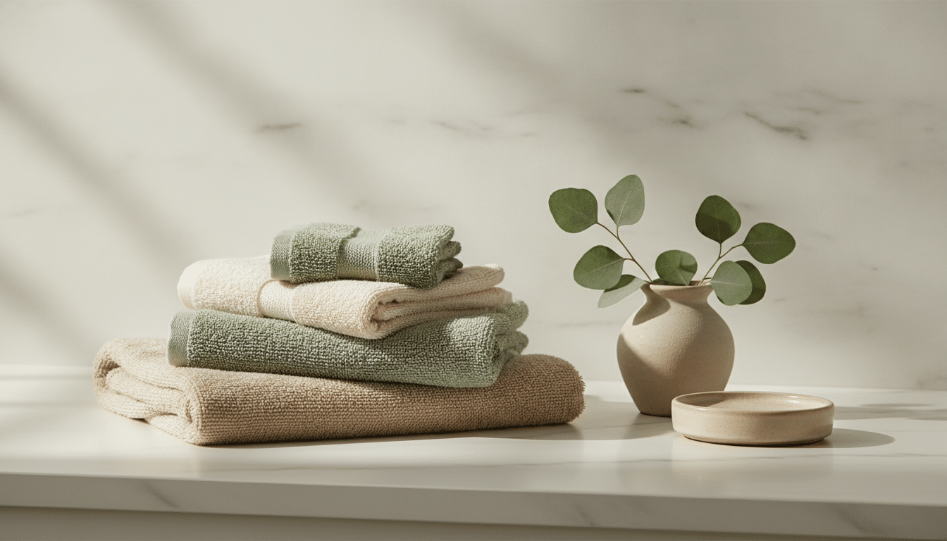 Stacked green and cream towels on marble countertop beside ceramic vase with eucalyptus leaves