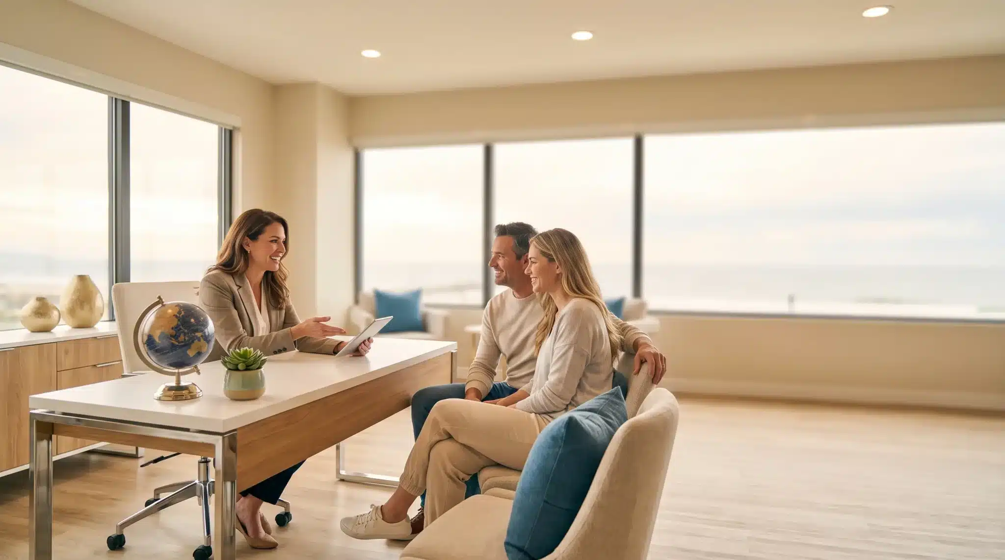 Couple meeting with advisor in bright office overlooking the ocean