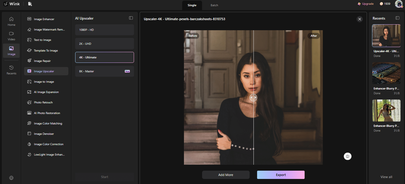 Woman in black top standing in front of wooden door, indoor setting, split enhancement view