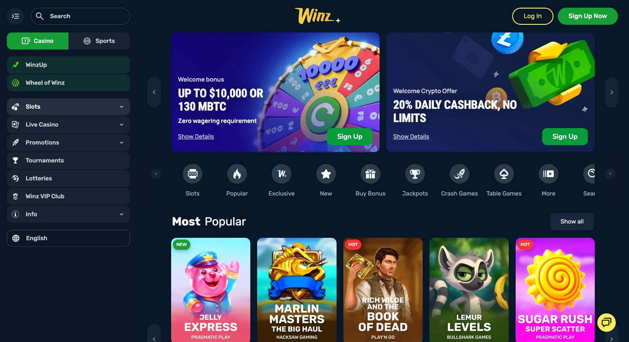 Online casino homepage with navigation menu and colorful game thumbnails displayed
