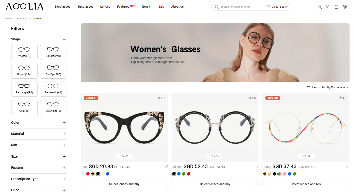 Woman wearing glasses with neutral expression alongside a display of stylish eyeglasses in an online shop