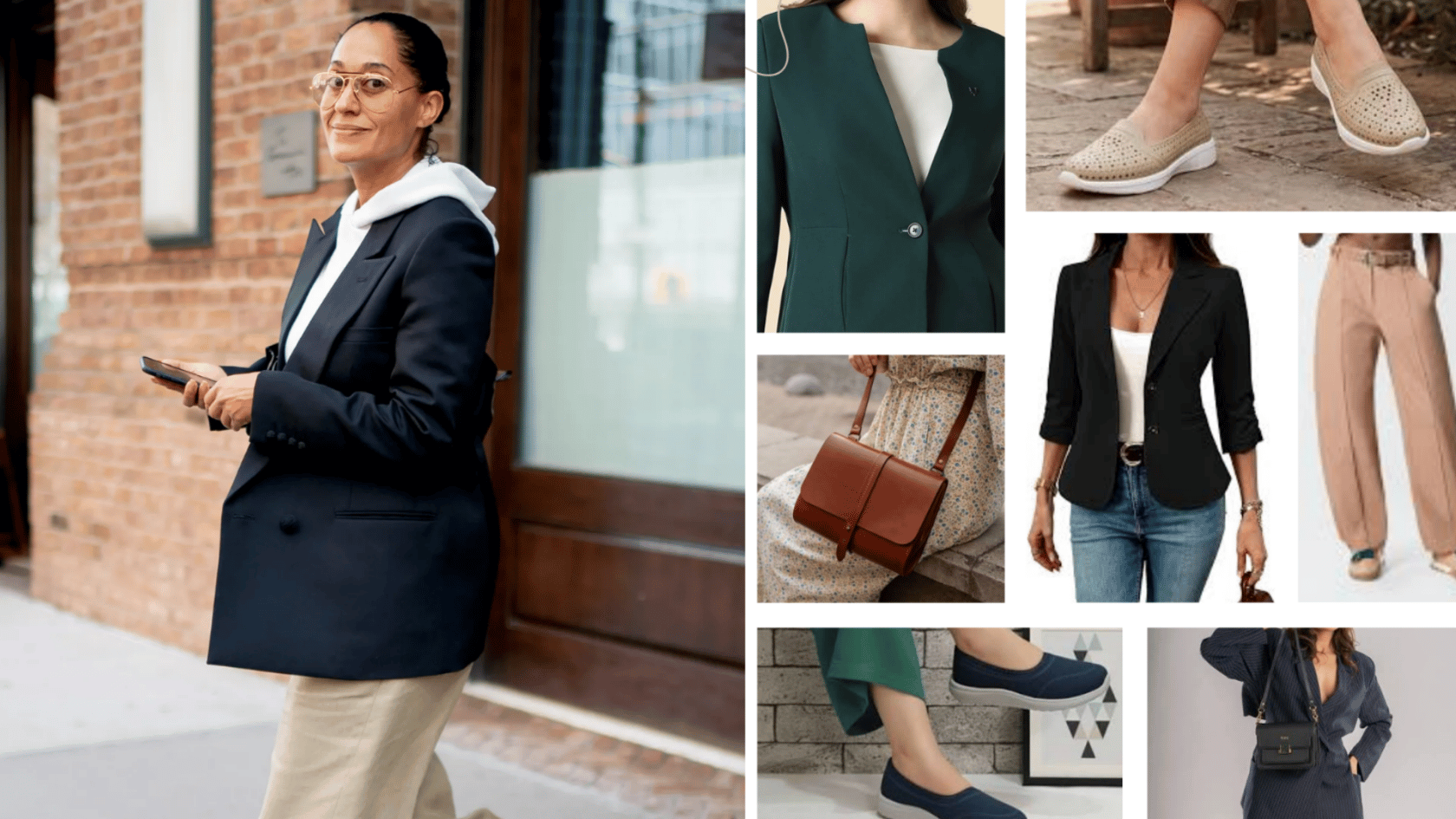 Tracee Ellis Ross wearing work travel or conference day outfit with navy blazer, white top, beige pants, and flats