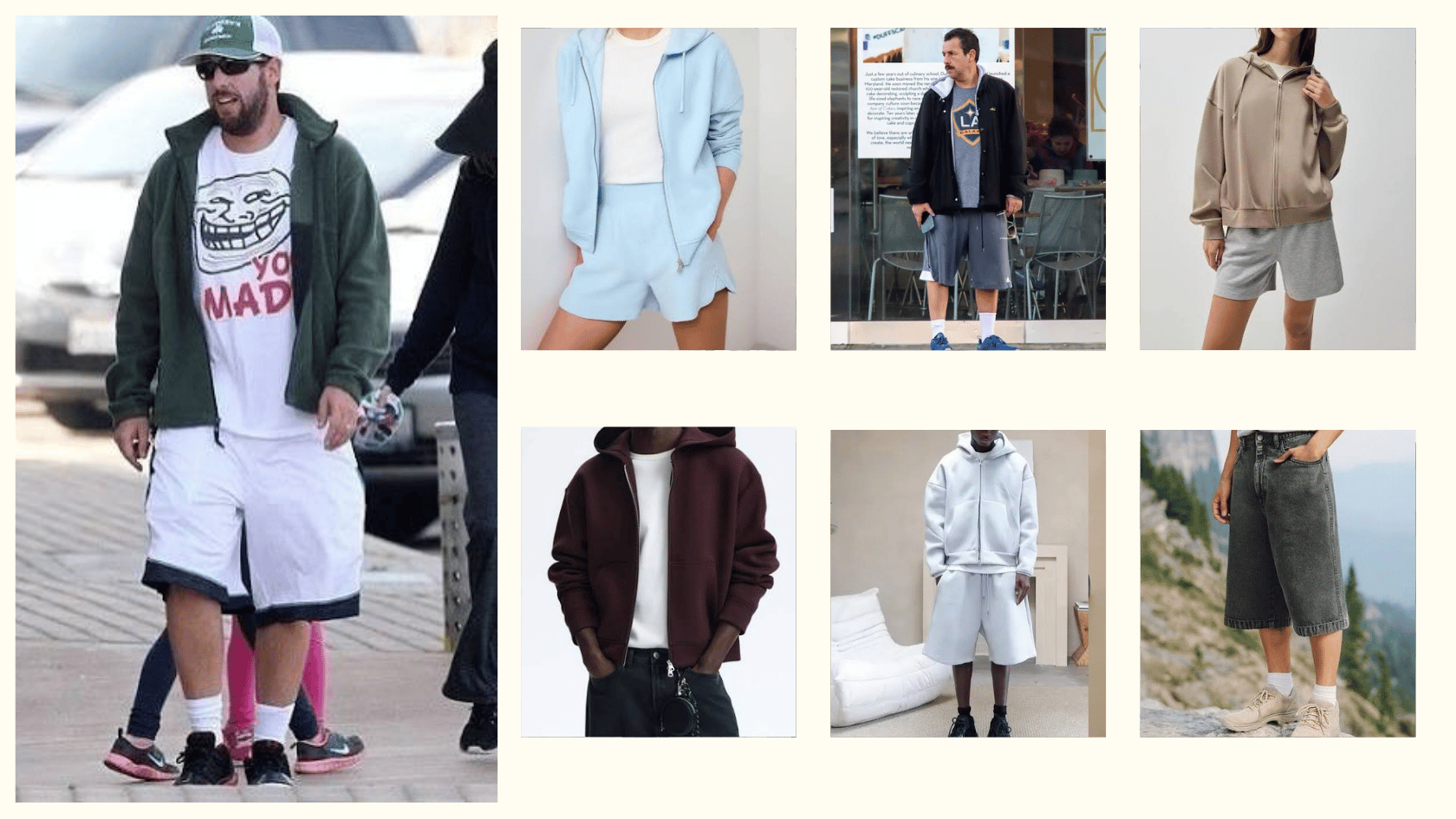Adam Sandler-inspired zip-up hoodie with baggy shorts and casual sneakers.