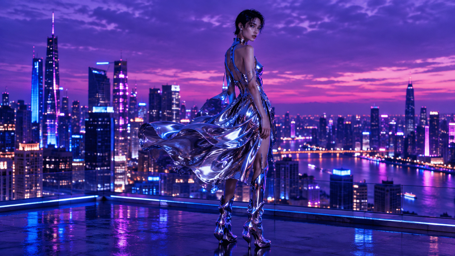 Person in reflective silver dress on rooftop with vibrant city skyline at dusk