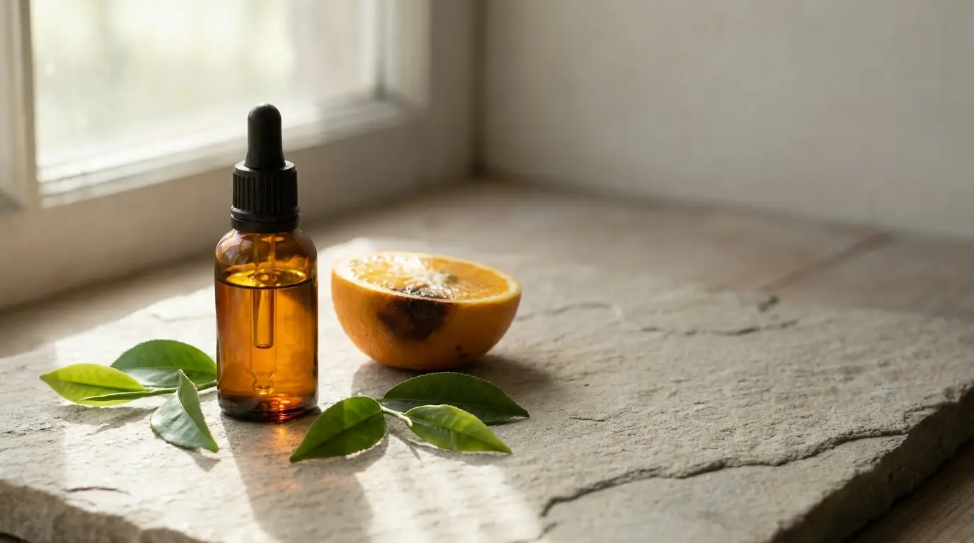 Amber dropper bottle and half orange with leaves on stone surface in natural light