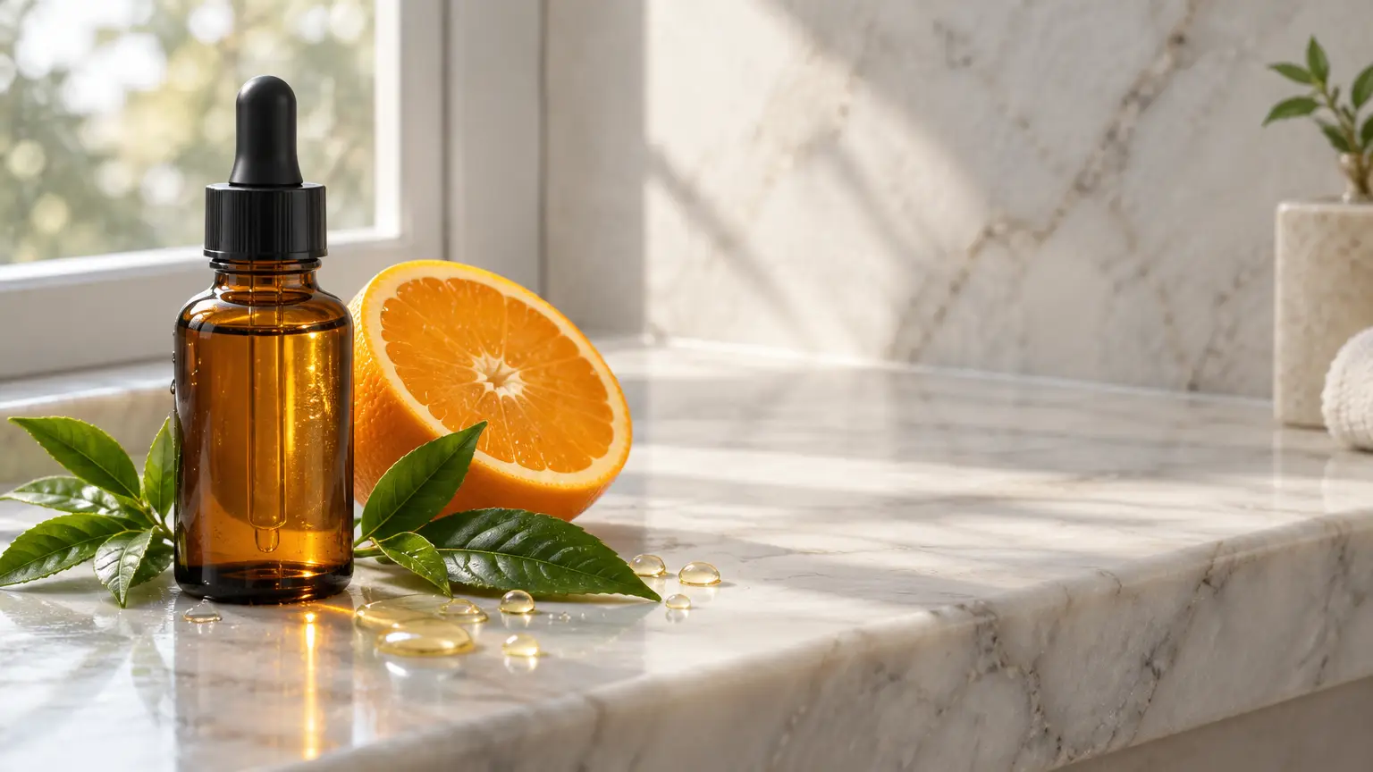 Amber glass dropper bottle with orange slice and green leaves on marble countertop in bright sunlight