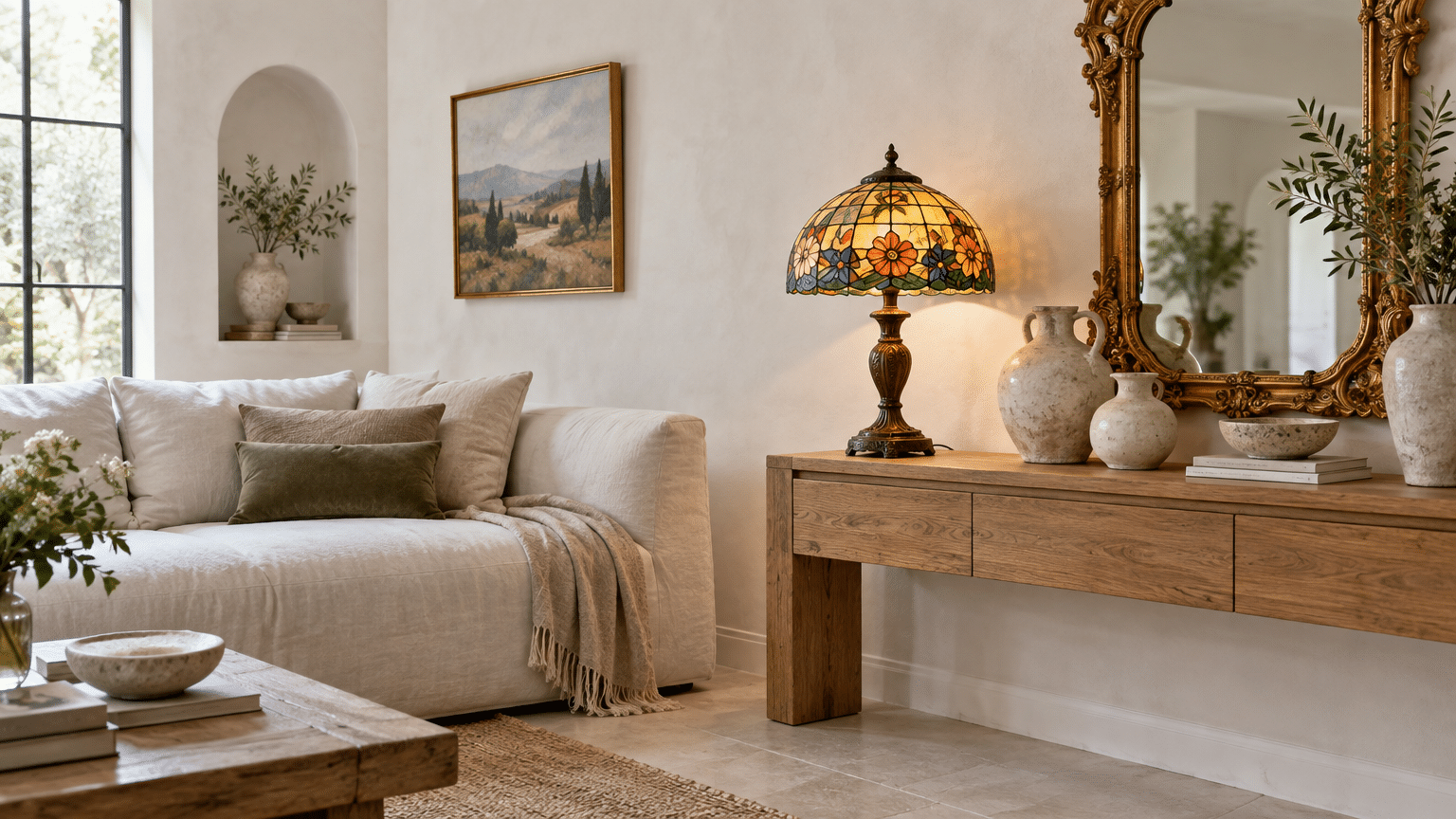 Cozy living room with white sofa, green pillows, and stained glass lamp on wooden console
