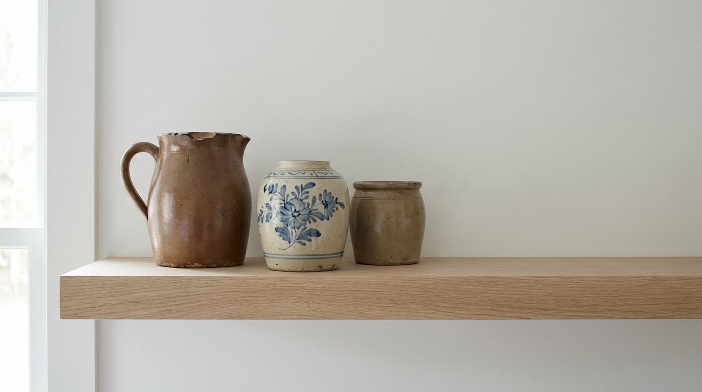 Three ceramic vases on a wooden shelf against a plain wall