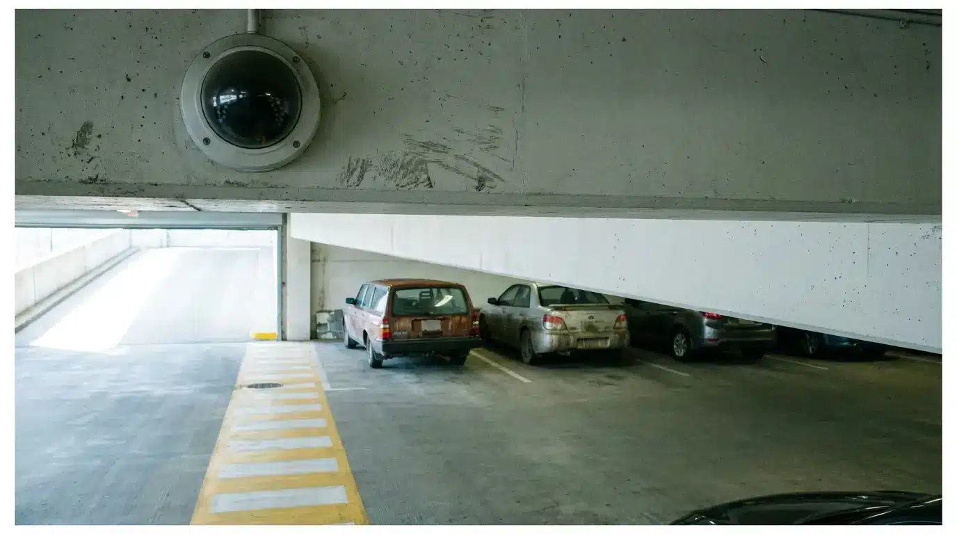 Dome surveillance camera mounted on concrete ceiling overlooking parked cars in an apartment parking garage