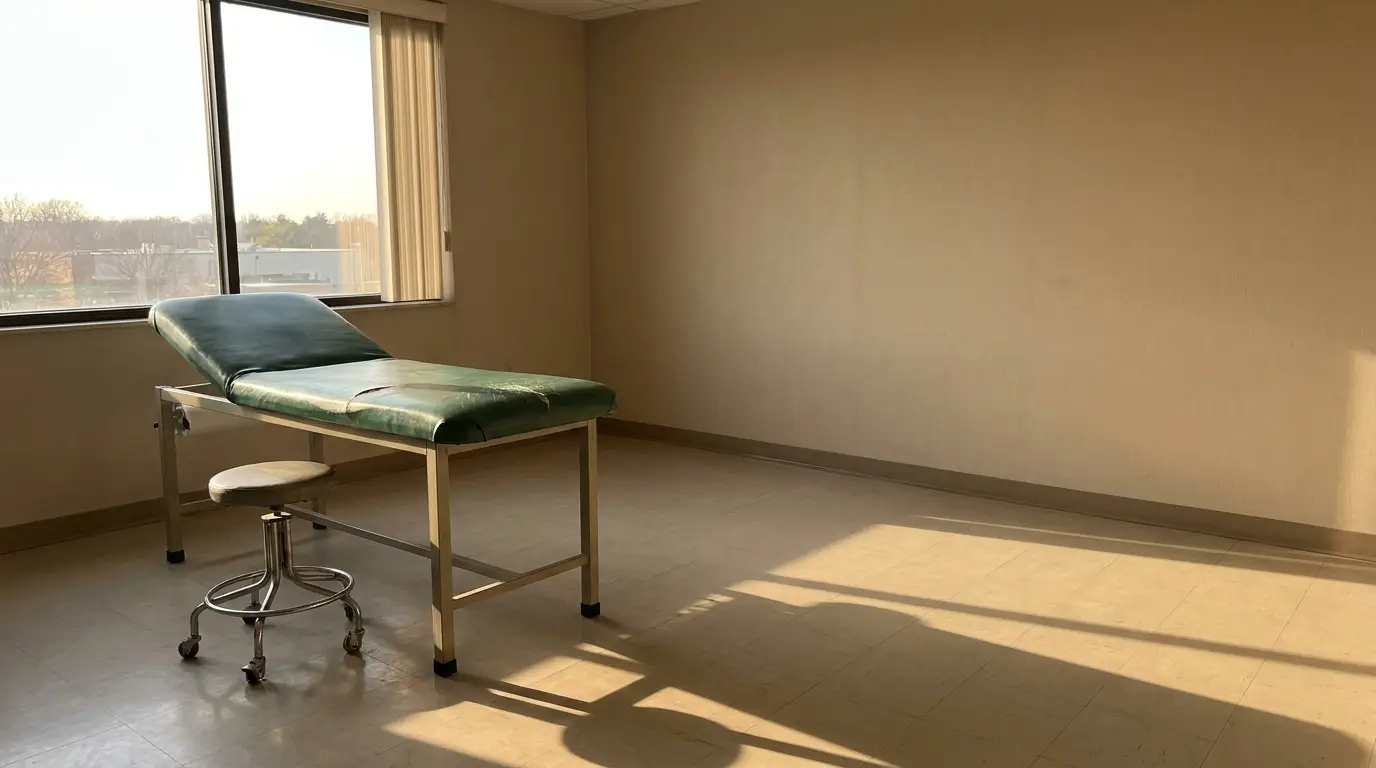 Examination table and stool in empty medical room with large window and natural light