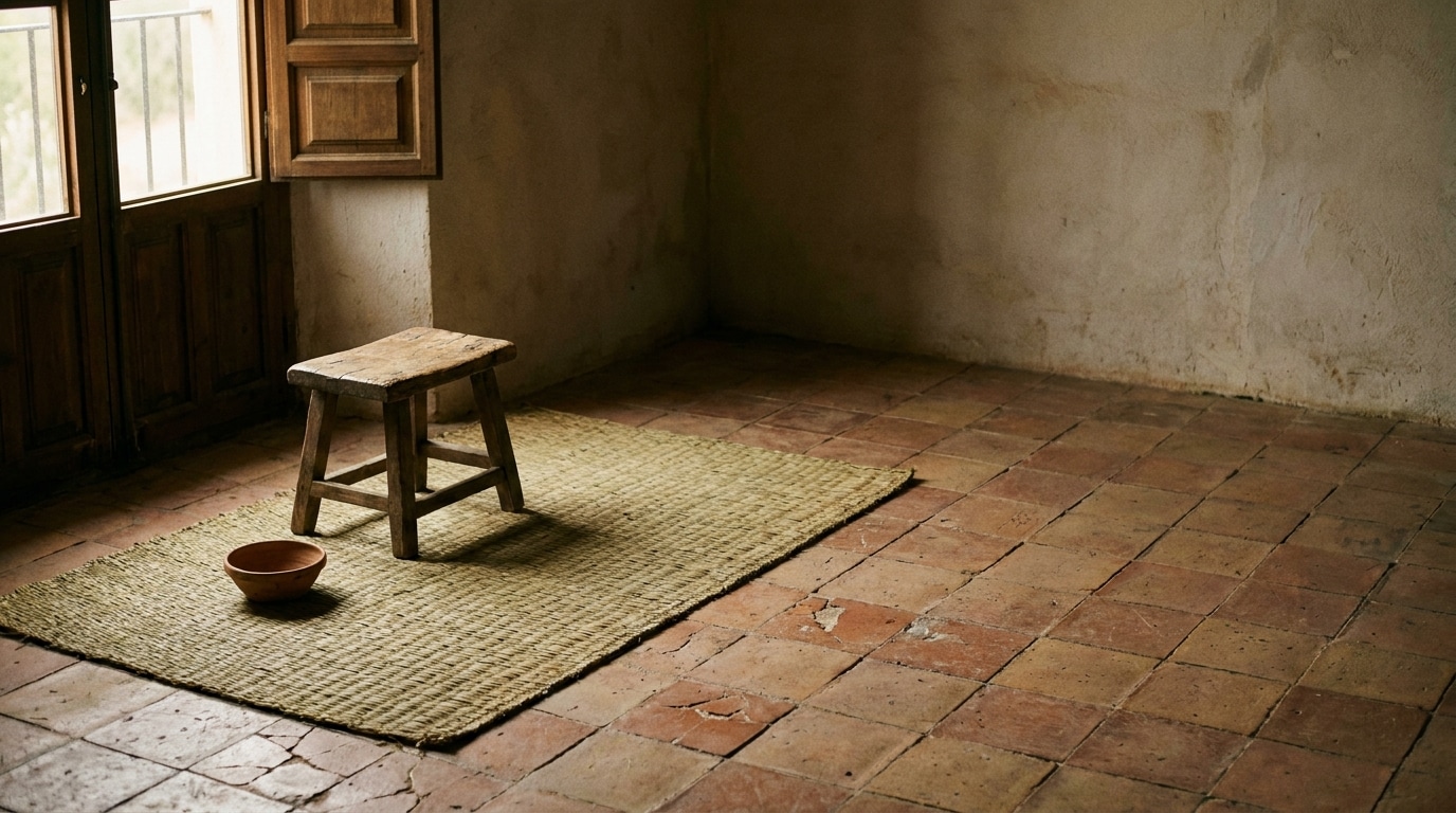 Rustic wooden stool and terracotta bowl on woven mat in empty sunlit room