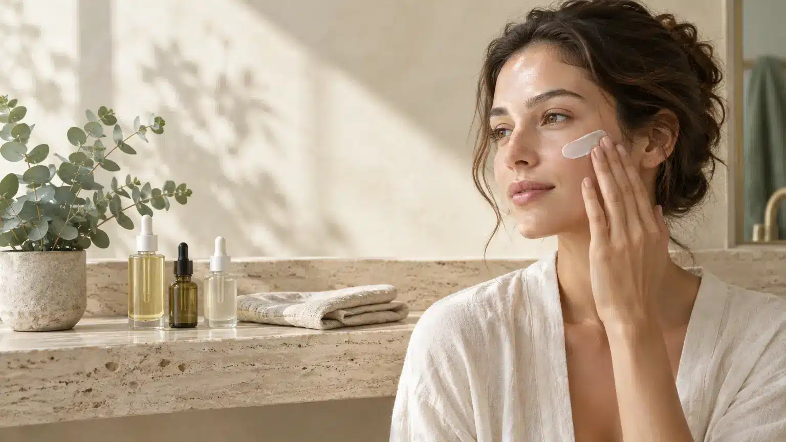 Woman applying skincare cream in bathroom with potted plant and skincare bottles on counter