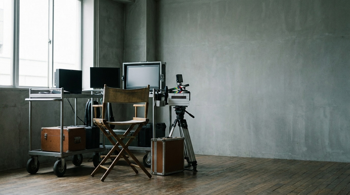 Film production setup with director's chair and equipment on wooden floor in studio setting