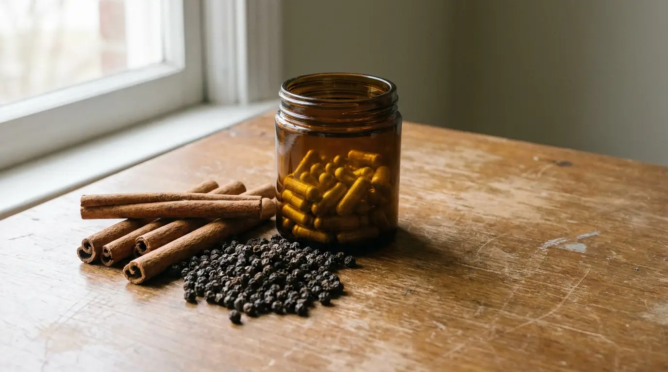 Glass jar with capsules next to cinnamon sticks and peppercorns on wooden table
