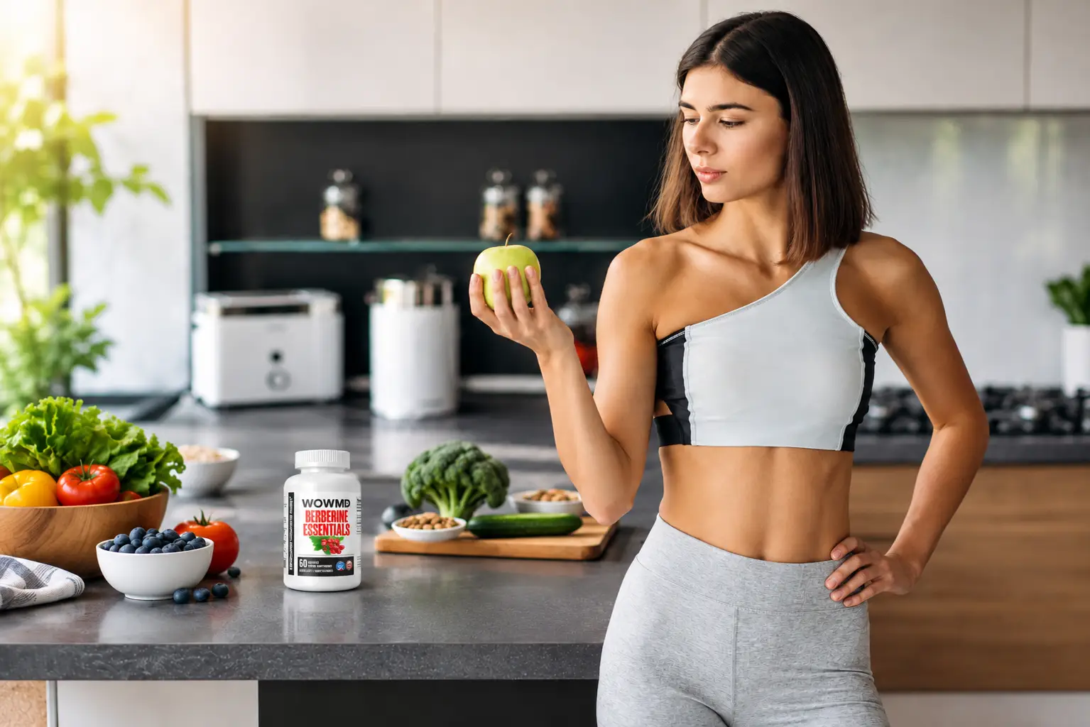 Woman in activewear holding green apple in modern kitchen with fresh produce on counter