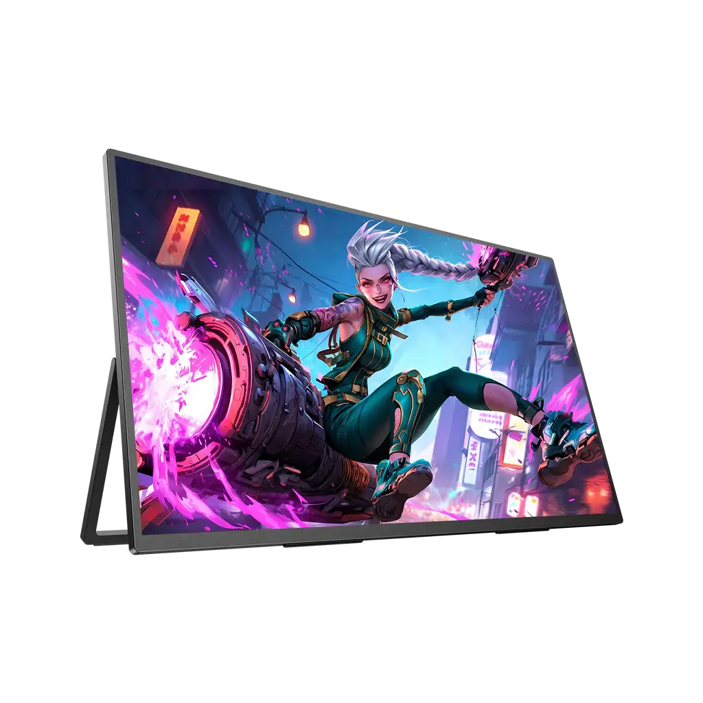 Animated character with vibrant hair wielding a glowing weapon against a futuristic cityscape background